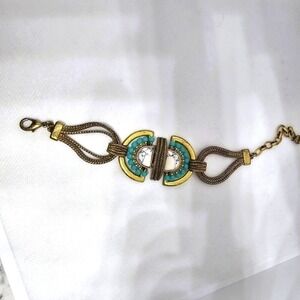 Stella & Dot Art Deco Gold/Antiqued Bronze Blue & White Turquoise Bracelet Glitz
